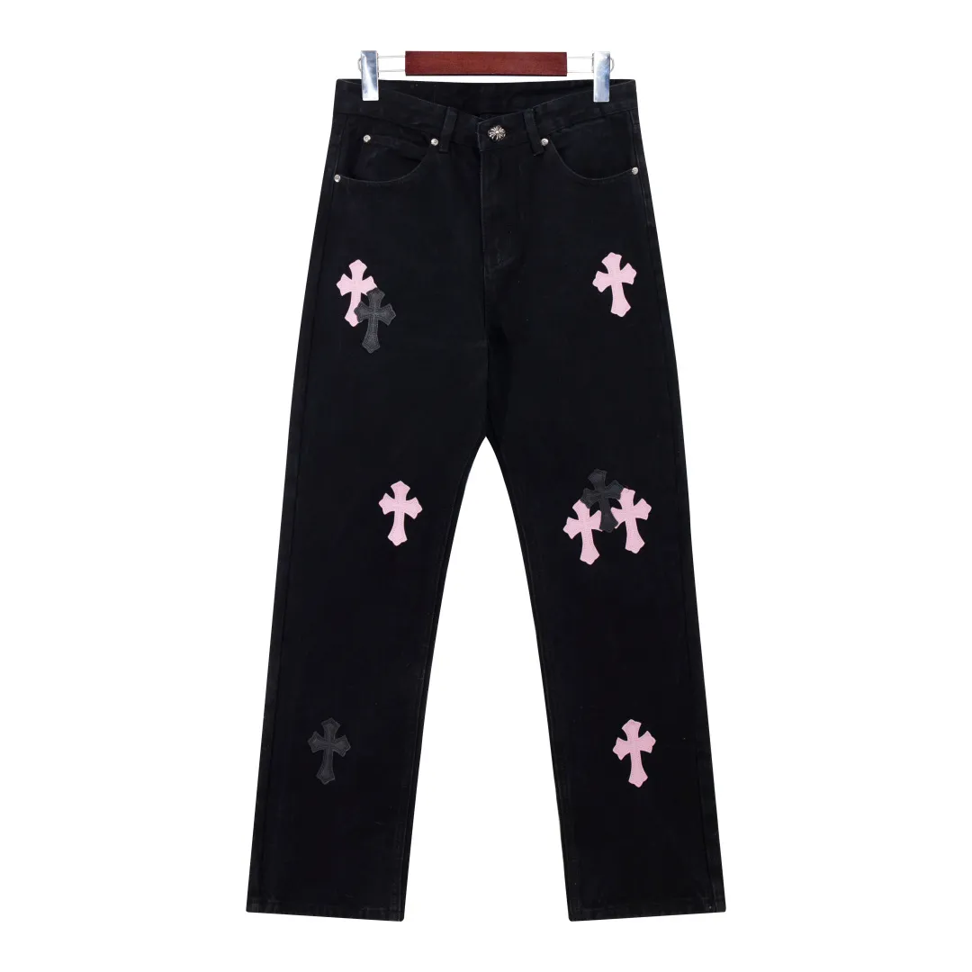 P260 [Next day] Chrome Hearts | CH city limited series Sanskrit cross patch leather jeans - black and pink color - "Hong Kong" limited edition jeans. The finished products need to be washed and then disassembled and hand-ordered. The sheepskin cross leather is then spliced ​​to complete. The whole piece requires too much craftsmanship to explain. The texture can be seen in your hand, and it looks good. The upper body effect is particularly stiff and stylish, super stylish. Same style for men and women - Color: black with blue, black with black, black with pink. Size: 28 30 32 34. Corresponding sizes s-xl. Available in stock in seconds. Detailed sizes can be found in picture 9.